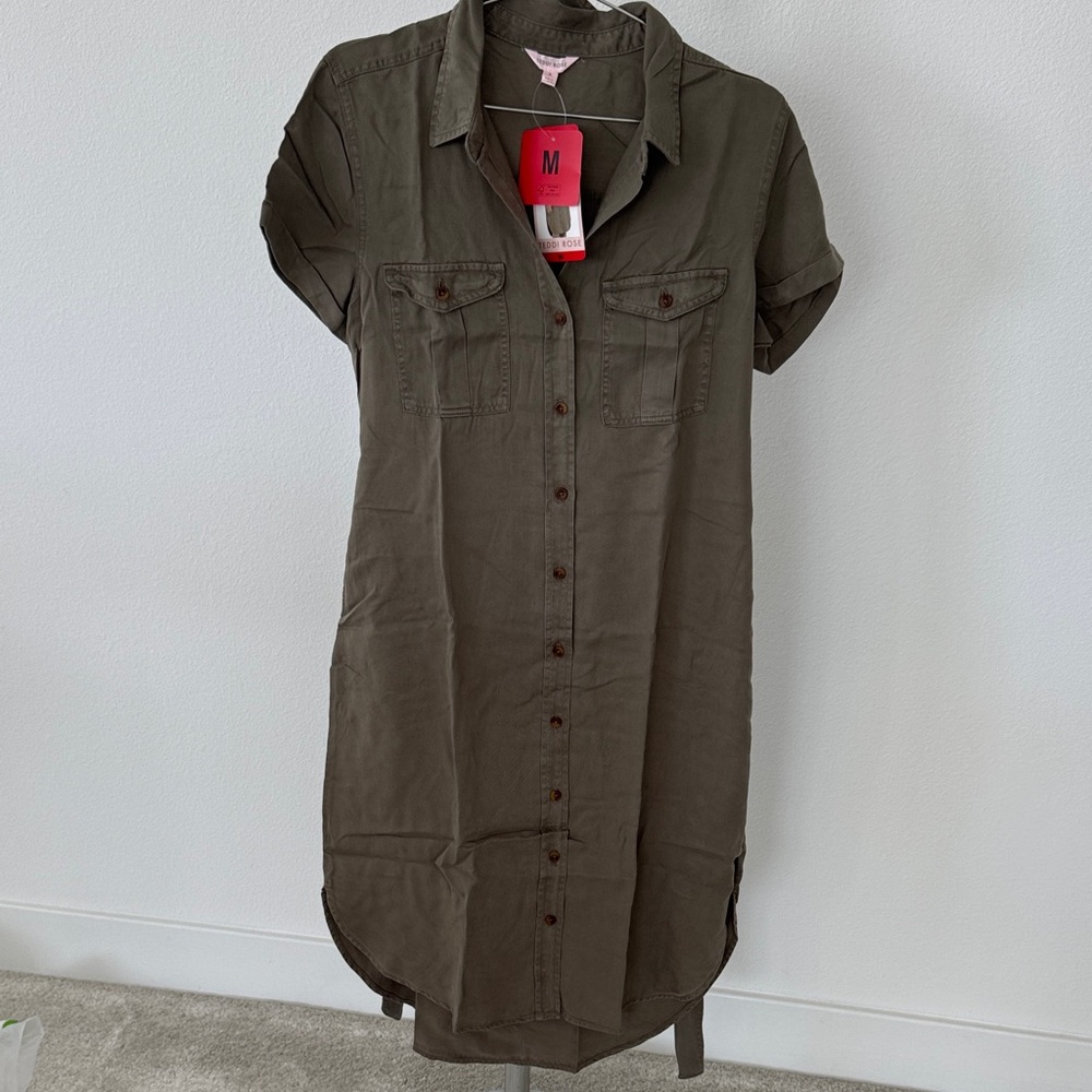 Teddy Rose Button-Up Shirt Dress - Olive Green - Medium -NWT